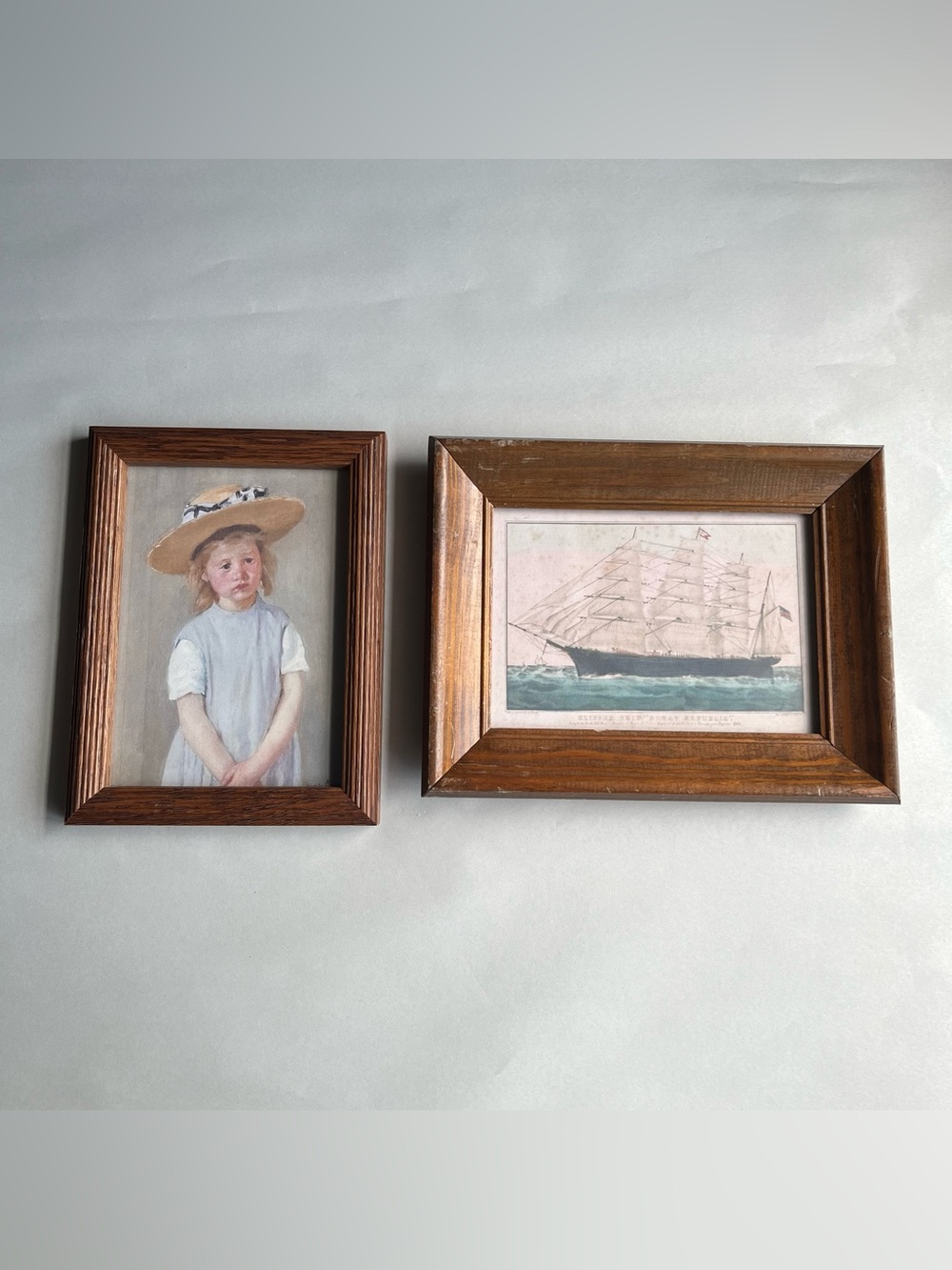 Vintage Medium Tone Wood Picture Photo Frames w/ Fine Art Prints-Set of 2